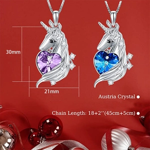 Silver unicorn heart pendant necklace with Austrian crystal in blue and purple styles