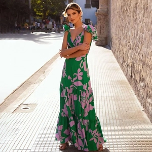Bohemian emerald green floral tiered maxi dress with V-neck and ruffle sleeves