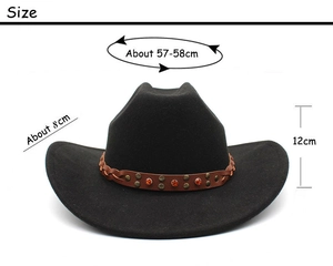 Spécifications de taille pour chapeau de cowboy noir en feutre avec ruban en cuir