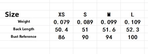 Tableau des tailles détaillé pour le haut sans manches avec mesures pour les tailles XS à L