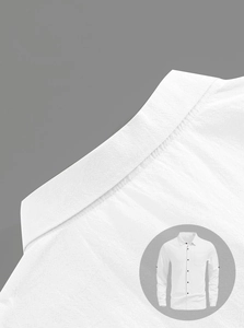 Detailed macro view of white linen texture and collar stitching on men's beach shirt