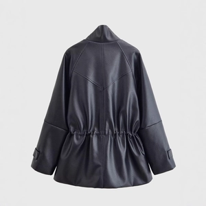 Modern black grain leather jacket with adjustable waist and stand collar back view