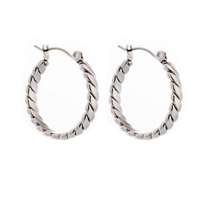 Macro view of silver twisted rope textured earrings in polished stainless steel finish