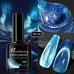 Macro shot of dark blue Starry Dancing cat eye nail gel with metallic glitter particles