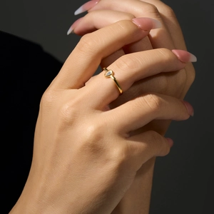 Minimalist S925 sterling silver adjustable ring with gold finish and opal heart gemstone
