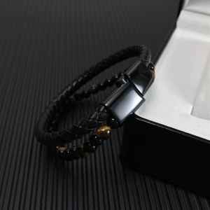 Men's double-layer black braided leather bracelet with red tiger eye beads and magnetic clasp