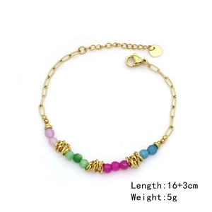 Detail view of gold-plated chain bracelet with colorful beads and size specification