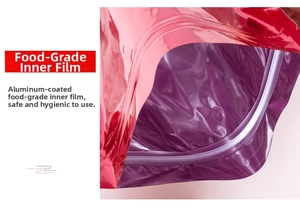 Close-up of food-grade aluminum lining in pink metallic moisture-proof ziplock bag