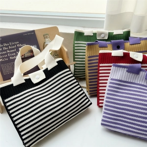 Striped knit tote bags for women in black, green, purple, and red color variations