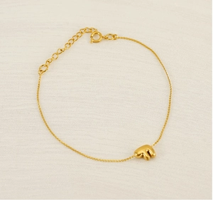 Detailed macro shot of a delicate gold chain bracelet featuring a polished letter F charm