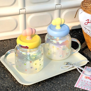 Iridescent Cloud Glass Cup With Handle Lid And Straw Kawaii Cute Cartoon Polka Dot High Borosilicate Glass Drinkware