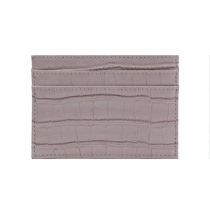 Detail of light purple crocodile pattern leather card holder with precise stitching