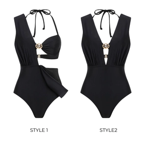Elegant black one-piece swimsuits with asymmetrical cutouts and gold metal sphere buckles