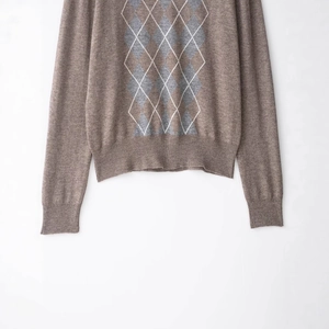 Classic argyle wool blend knit sweater in tan with grey and white diamond pattern details