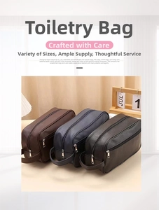 Detailed side view of PU leather toiletry bags with textured finish and metal zippers