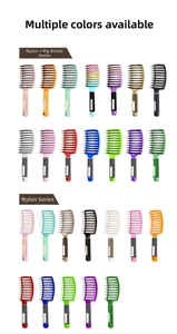Close-up of curved vented hairbrushes with boar bristles and non-slip handles in various colors