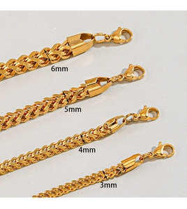 Vergleich von goldenen Edelstahl-Weizenketten in den Breiten 3mm, 4mm, 5mm und 6mm