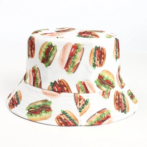 Chapeau Bob Réversible Coton Polyester Imprimé Hamburger Protection Solaire Drôle Hip Hop Streetwear Hommes Femmes