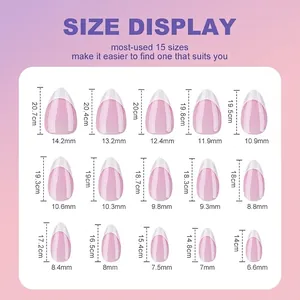 Size chart showing 15 different dimensions for French tip solid color fake nail press-ons