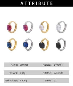 Detailed attribute chart for S925 sterling silver earrings with square cubic zirconia