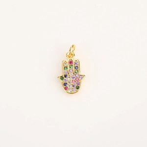 Macro detail of a golden Hand of Fatima pendant with vibrant multi-color zircon stones