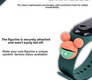Detail of dark green silicone kids watch band with breathable holes and cartoon figure