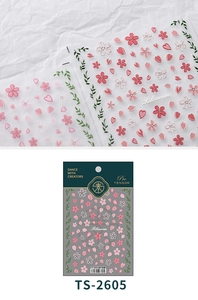 Macro view of 5D embossed cherry blossom nail stickers with detailed pink flower textures