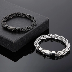 Mens stainless steel link chain bracelets in black and silver with square clasp