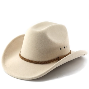 Beige western cowboy felt hat with brown braided band and metal ventilation eyelets