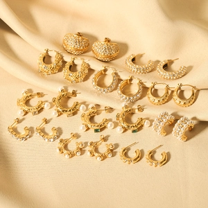 18K gold plated stainless steel hoops collection with pearls and sparkling rhinestones