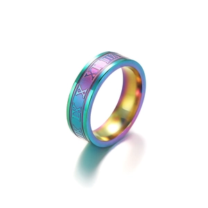 Rainbow stainless steel 6mm ring with roman numeral relief on a clean white background