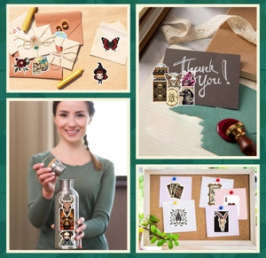 Romantic gothic stickers applied on envelopes, greeting cards, and water bottles