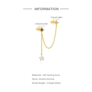 Detail view of S925 silver chain earring with blue square zircon and star pendant