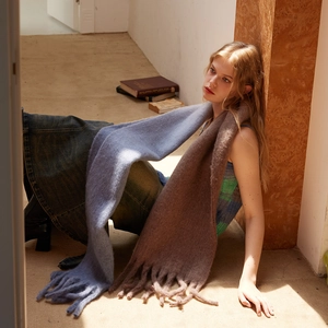 Women Gradient Hand-Dyed Wool Blend Tassel Scarf Long Soft Warm Winter Shawl Wrap Dopamine Style Color Block Woven Scarf