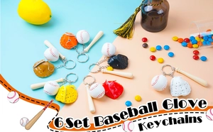 Detail of 6-piece baseball keychain sets with mini gloves, bats, and balls in multi-colors