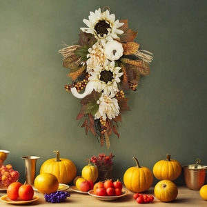 Detail eines herbstlichen Tropfenkranzes mit Sonnenblumen, weißen Kürbissen und Ahornblättern