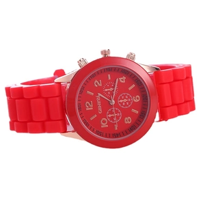 Fashionable red Geneva silicone watch with rose gold dial and sporty jelly strap
