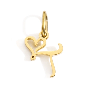 Detail of a gold letter T pendant with a heart shape and metal hanging loop
