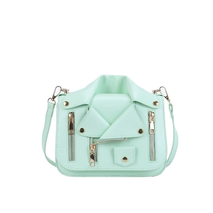 Mint green motorcycle jacket shaped crossbody bag with gold rivets and zippers