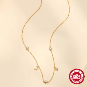 Elegant S925 sterling silver gold-plated necklace with star and moon charms