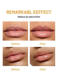 Lip care treatment before and after macro shots showing hydrating and smoothing effect