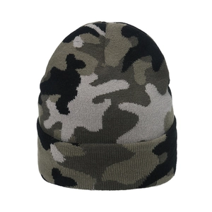 Winter camo knit beanie hat with ribbed cuff for outdoor skiing and warmth