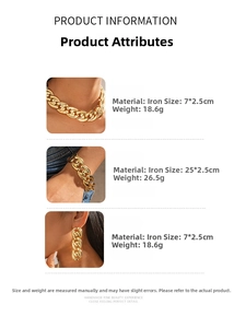 Detailed size specifications for gold chunky chain necklace, bracelet, and earrings set