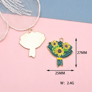 Detail view of sunflower enamel alloy pendant showing front and back with dimensions