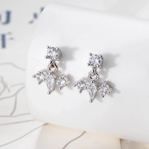 Exquisite silver geometric zircon stud earrings with crystal pendants for women
