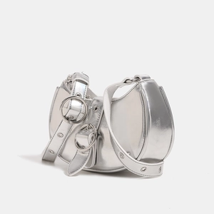 Metallic silver curved hobo bag with adjustable buckle strap and crossbody strap