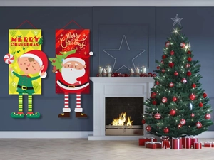 Detail of Santa and elf Christmas hanging banners against a festive fireplace background