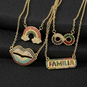 Gold plated necklaces with colorful zircon rainbow, infinity, lips, and Familia charms