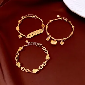 Vintage 24K Gold Plated Copper Bracelet Beaded Flower Gourd Lock New Chinese Style Elegant Jewelry For Women Gift
