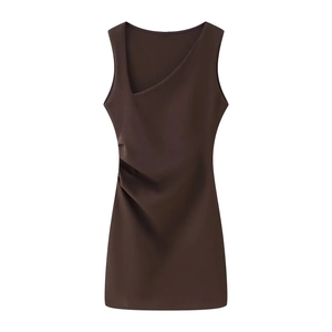 Brown sleeveless slim-fit mini dress with asymmetric neckline and ruched waist details